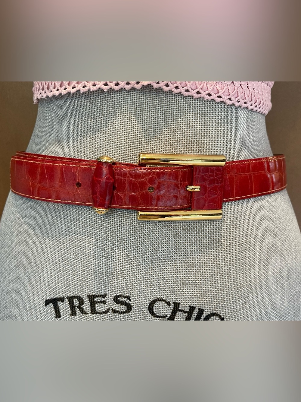 PORTS INTERNATIONAL Red Alligator Embossed Leather Belt & Gold Buckle, S/M